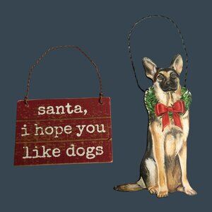 Wooden Ornaments Set Of 2 German Shepherd Santa Dog Themed Primitives By Kathy